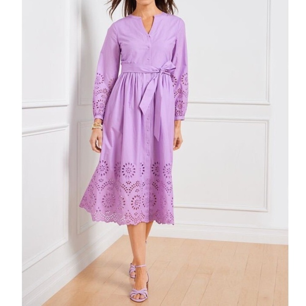 Talbots Placed Eyelet Fit & Flare Shirt Dress Women 14 Purple Cotton Belted Midi